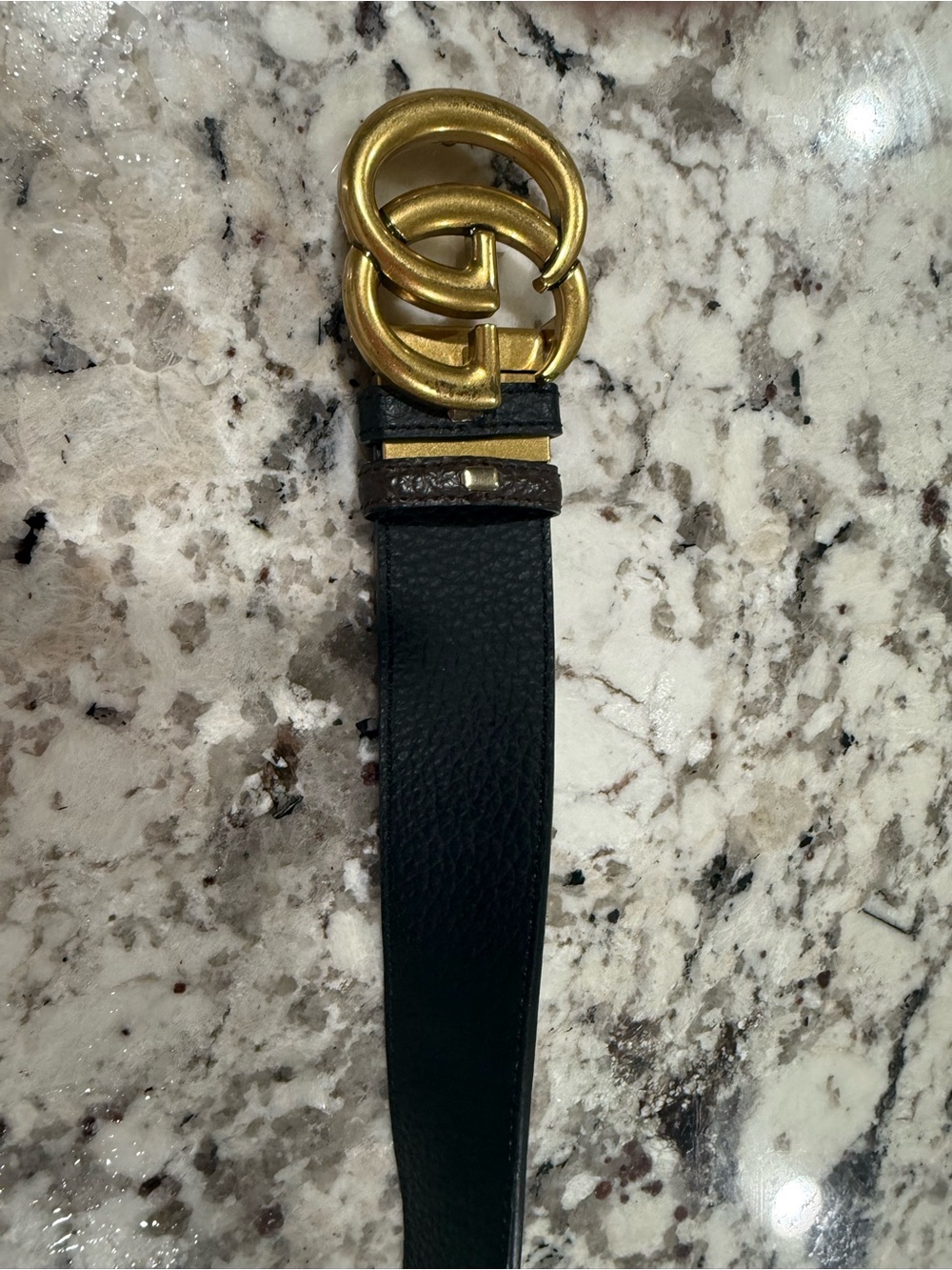 Designer-Inspired Black Leatherl Belt with Gold Double-Ring Buckle